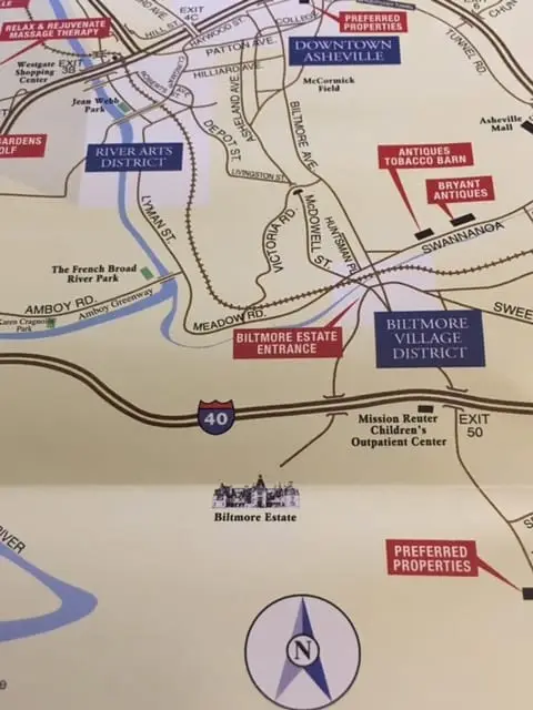Map Showing Biltmore Estate Located Off Of I-40 in Asheville, NC